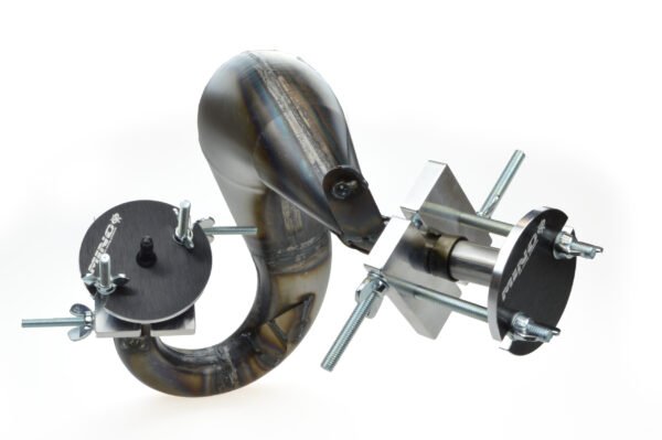 Mino 2 stroke pipe repair kit installed on expansion chamber showing dent repair setup